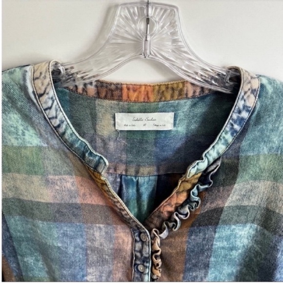 Anthropologie Isabella Sinclair Ruffled Plaid Henley shirt blue orange popover - Picture 7 of 11